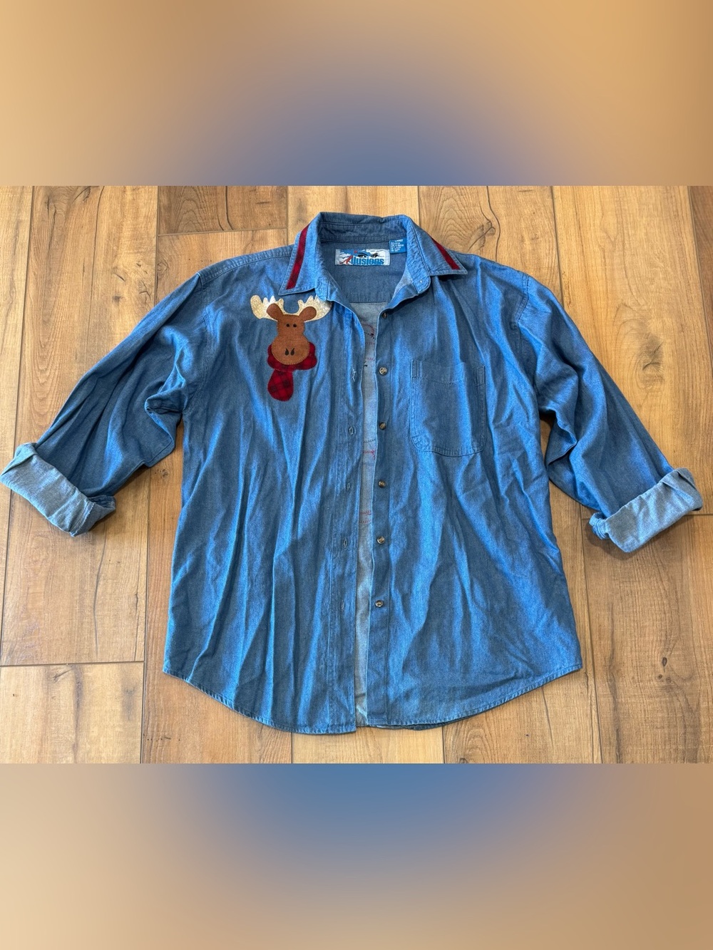 Women’s Vintage Blue Denim Button-Down Shirt with Moose Appliqué